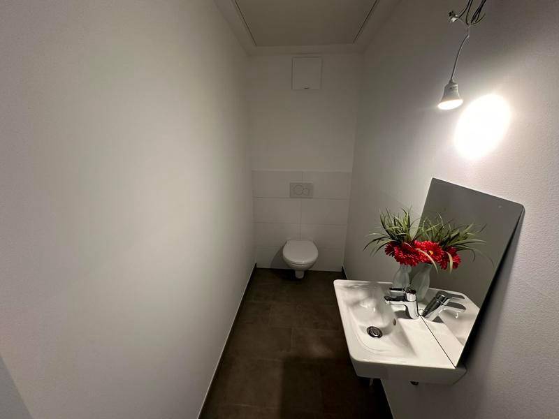 Kleines Gäste-WC mit Waschbecken, Spiegel und Toilette in minimalistischem Design.