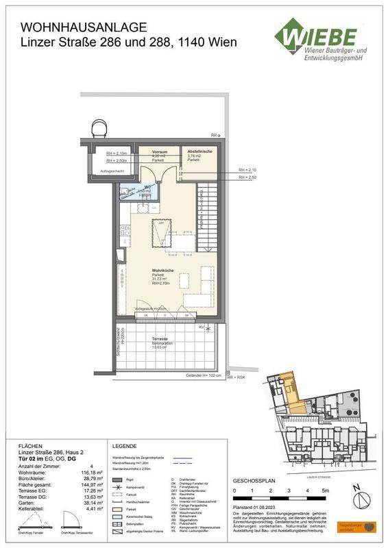 Grundriss einer Wohneinheit mit Wohnbereich, Küche und großer Terrasse, ideal für modernes Wohnen.