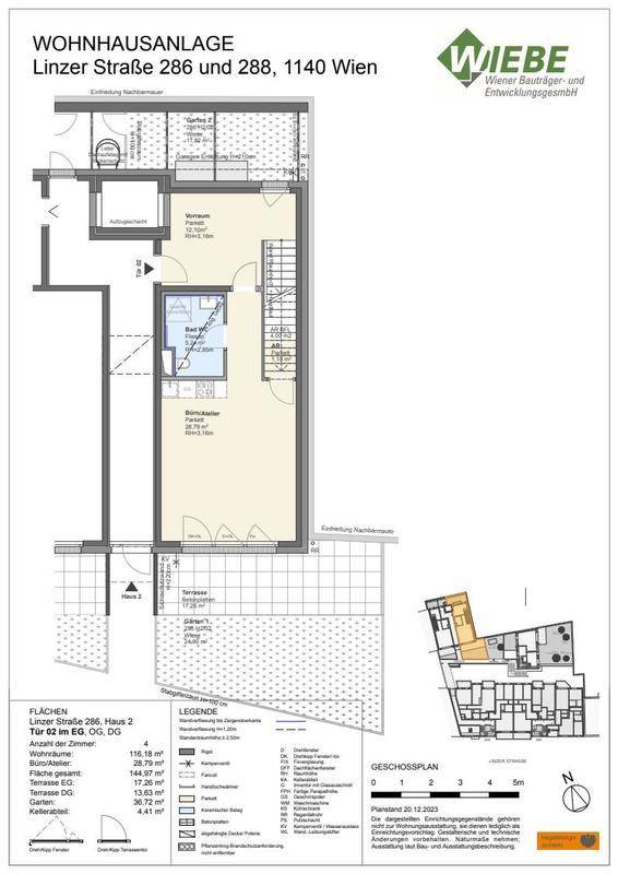 Grundrissplan einer Wohneinheit mit Terrasse und Kellerabteil, zeigt die Raumaufteilung.