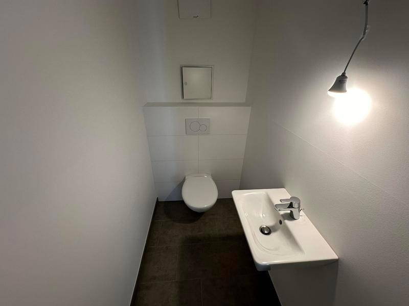 Kleines Gäste-WC mit wandhängender Toilette und modernem Waschbecken.