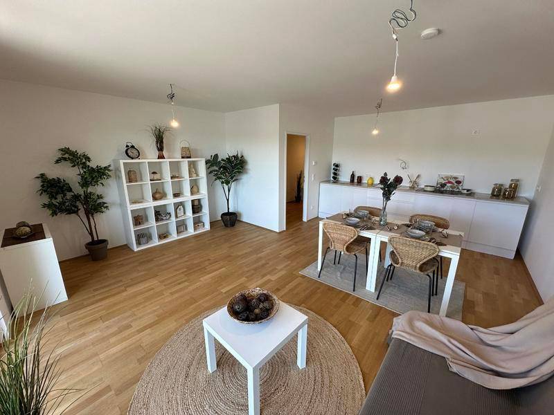 Geräumiger Wohn-Essbereich mit integrierter Küchenzeile, Holzboden und viel Tageslicht.