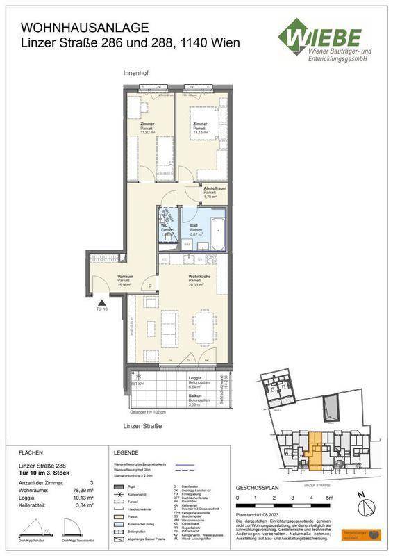 Detaillierter Grundriss einer Wohnung mit drei Zimmern und Balkon.