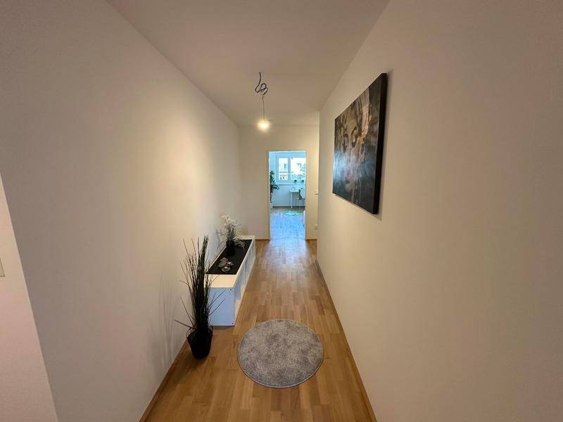 Langer Flur mit Holzboden und moderner Dekoration, der zu weiteren Räumen führt.