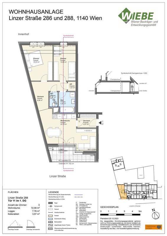 Detaillierter Grundriss einer Wohnung mit mehreren Zimmern und Balkon, inklusive Legende.