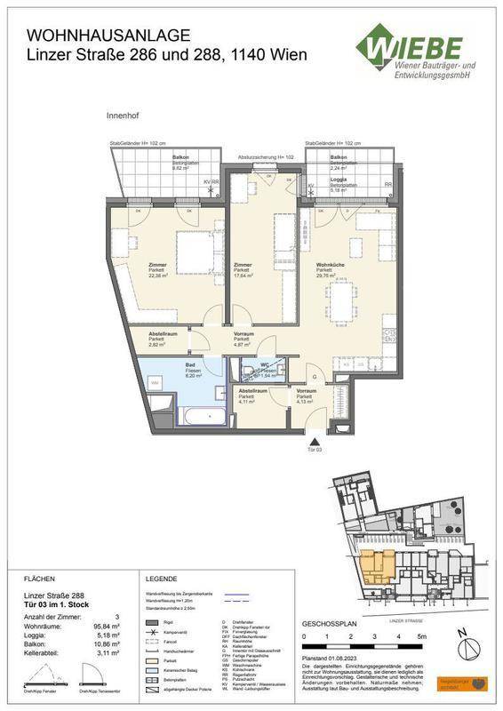 Grundriss einer Wohnung mit drei Zimmern, Balkon und Terrasse.