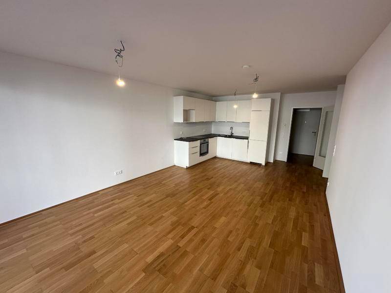 Geräumiger Wohnbereich mit offener Küchenzeile, Holzboden und Zugang zum Flur.