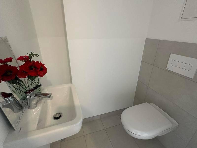 Separates Gäste-WC mit Wand-WC und kleinem Handwaschbecken.