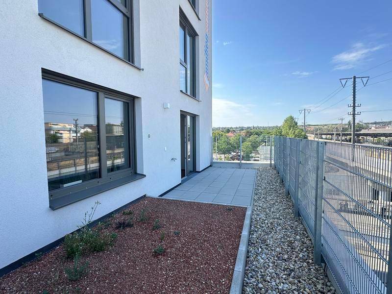 Sonniger Terrassenbereich mit Kies und kleiner Bepflanzung neben dem Gebäude.