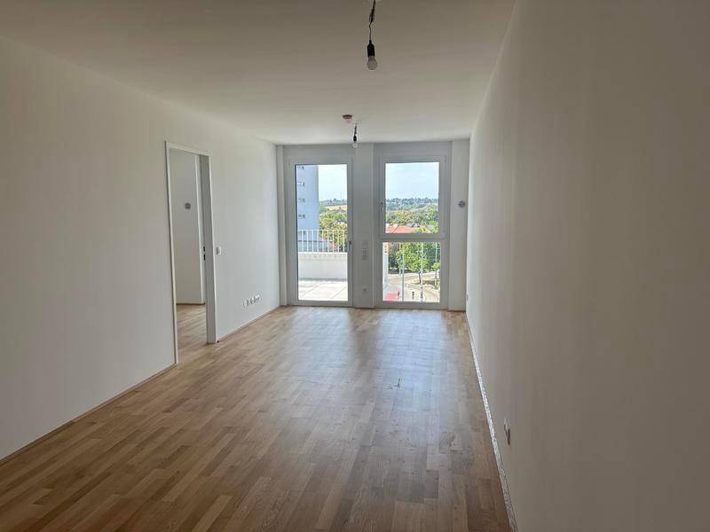 Heller, leerer Raum mit Parkettboden und Zugang zu einem Balkon.