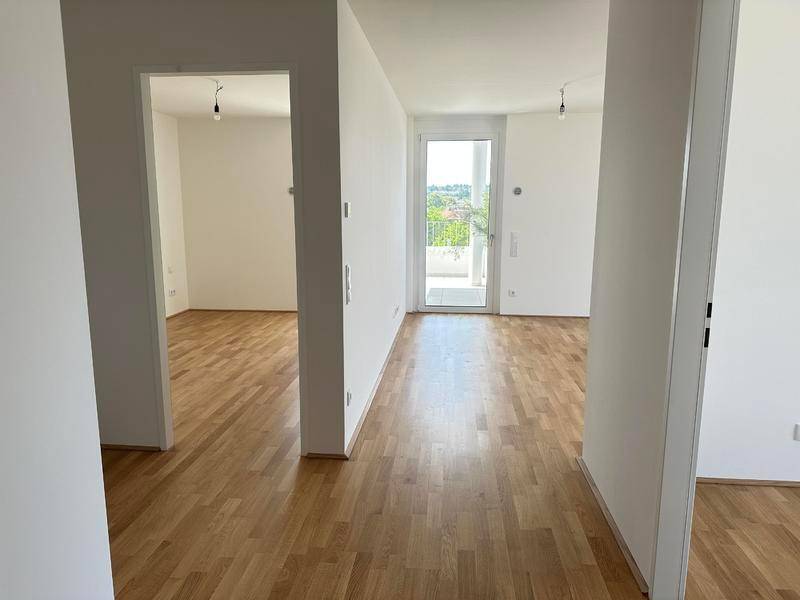 Heller Flur mit Holzboden und Zugang zu weiteren Räumen sowie einem Ausgang ins Freie.