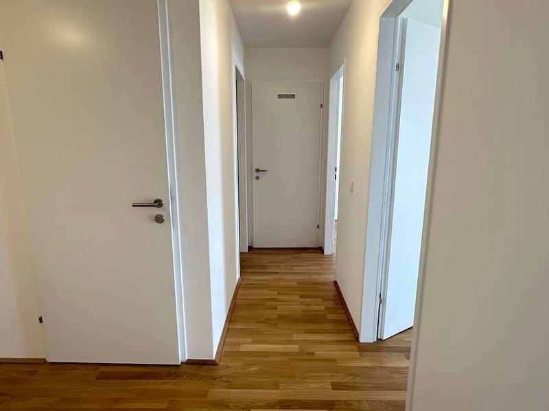 Heller Flur mit Holzparkettboden und mehreren weißen Türen.