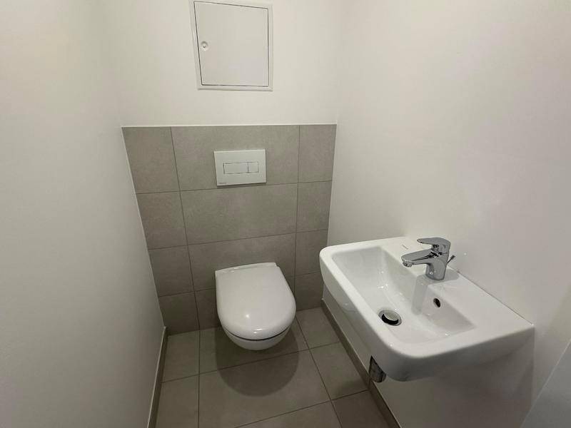 Kleines Gäste-WC mit Wand-WC und Waschbecken, ausgestattet mit modernen Fliesen.