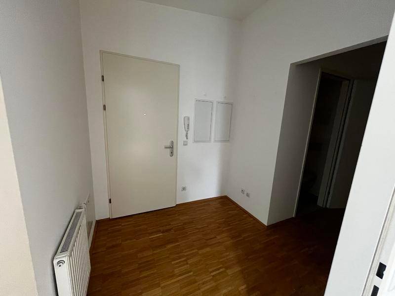 Eingangsbereich mit Holzboden, Heizkörper und Gegensprechanlage neben der Wohnungstür.