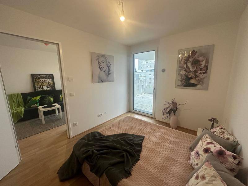 Helles Schlafzimmer mit Teppich und Zugang zum Wohnbereich.