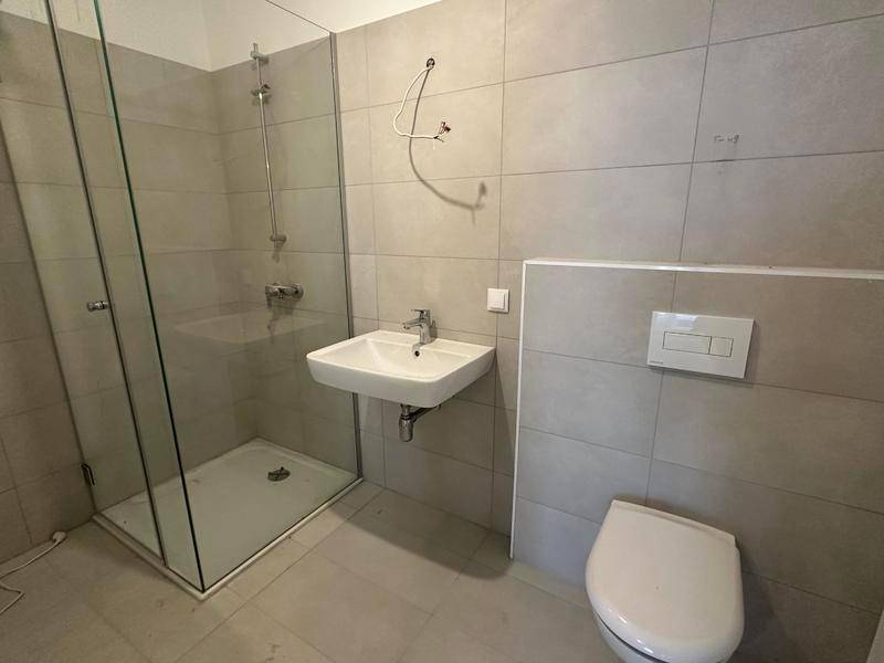 Modernes Badezimmer mit begehbarer Dusche, Wand-WC und grauen Fliesen.