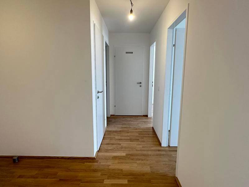 Heller Flur mit Holzboden und mehreren Türen zu angrenzenden Räumen.