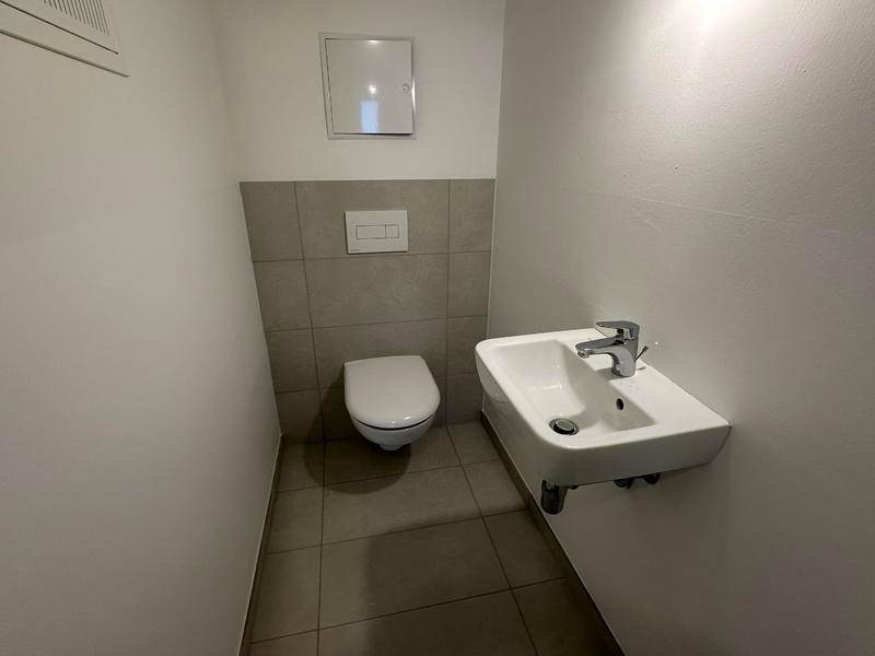 Kleines Gäste-WC mit Wand-WC, Handwaschbecken und modernen Fliesen.