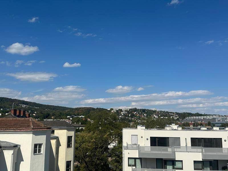 Panoramablick über die Stadt und die umliegenden grünen Hügel an einem sonnigen Tag.