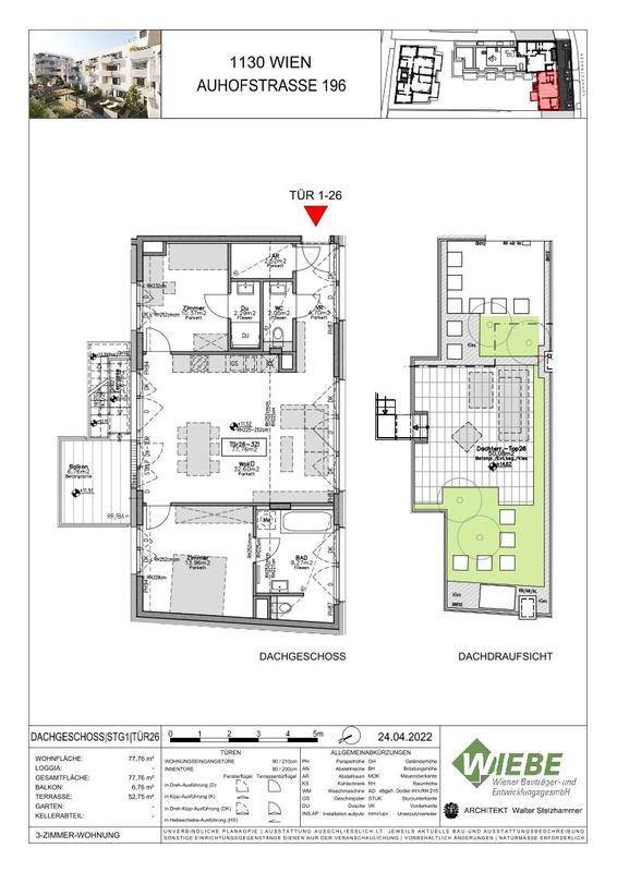 Grundriss einer 3-Zimmer-Wohnung im Dachgeschoss mit Loggia und Dachterrasse.