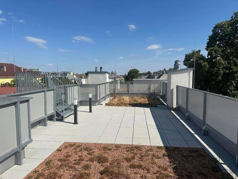 Großzügige Dachterrasse mit Fliesen und begrünten Abschnitten unter blauem Himmel.