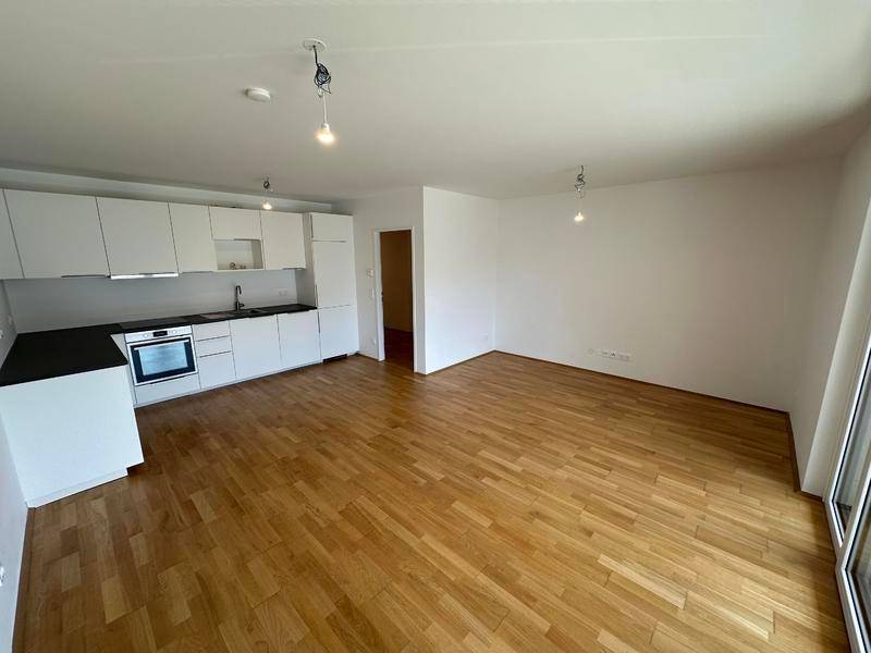 Offener Wohnbereich mit moderner Einbauküche, Holzfußboden und viel Platz.