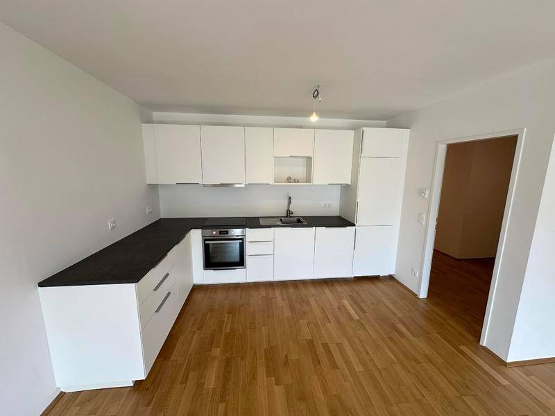 Moderne Einbauküche mit weißen Schränken, schwarzer Arbeitsplatte und integriertem Backofen.