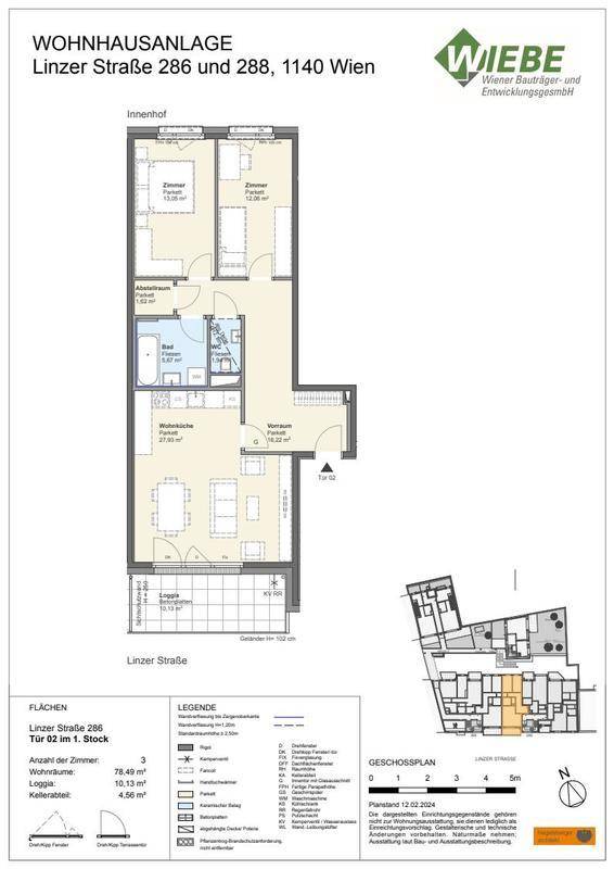 Grundriss einer Wohnung mit offener Wohnküche, zwei Zimmern, Bad, WC und Loggia.