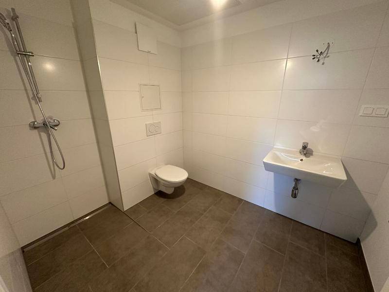 Helles Badezimmer mit weißen Fliesen, ebenerdiger Dusche, WC und Einzelwaschbecken.