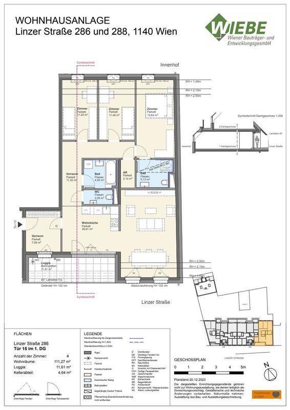 Detaillierter Grundriss einer Wohnung mit Raumaufteilung und Maßangaben.