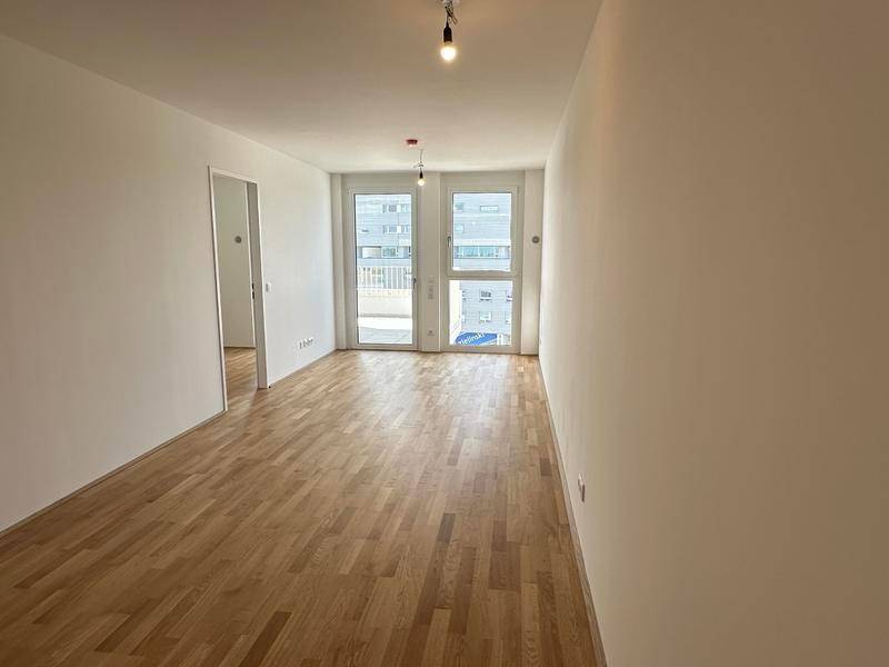 Heller, leerer Raum mit Parkettboden und Zugang zu einem Balkon.