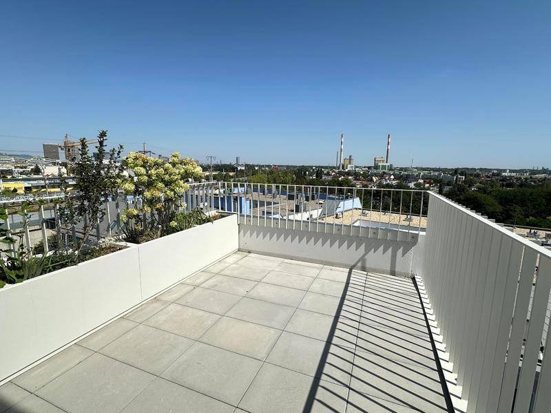 Geräumige Dachterrasse mit Stadtblick, modernen Pflanzgefäßen und weißem Geländer unter blauem Himmel.