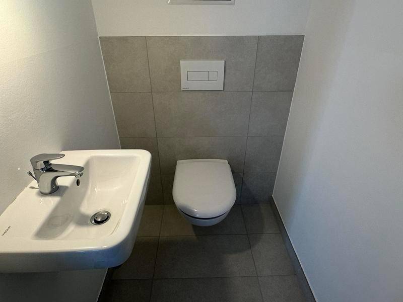 Kleines Gäste-WC mit wandhängendem WC und modernem Waschbecken.