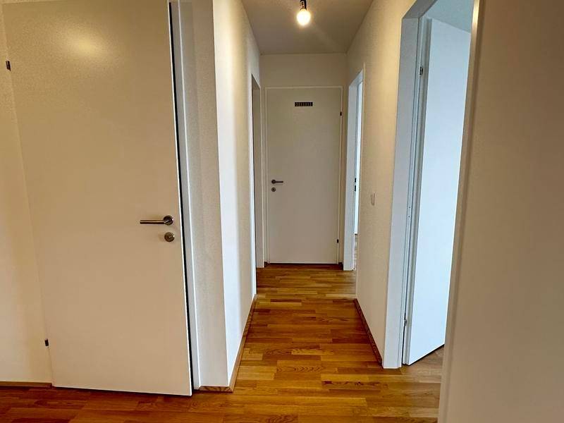 Heller Flur mit Holzboden und mehreren weißen Türen, der verschiedene Räume verbindet.