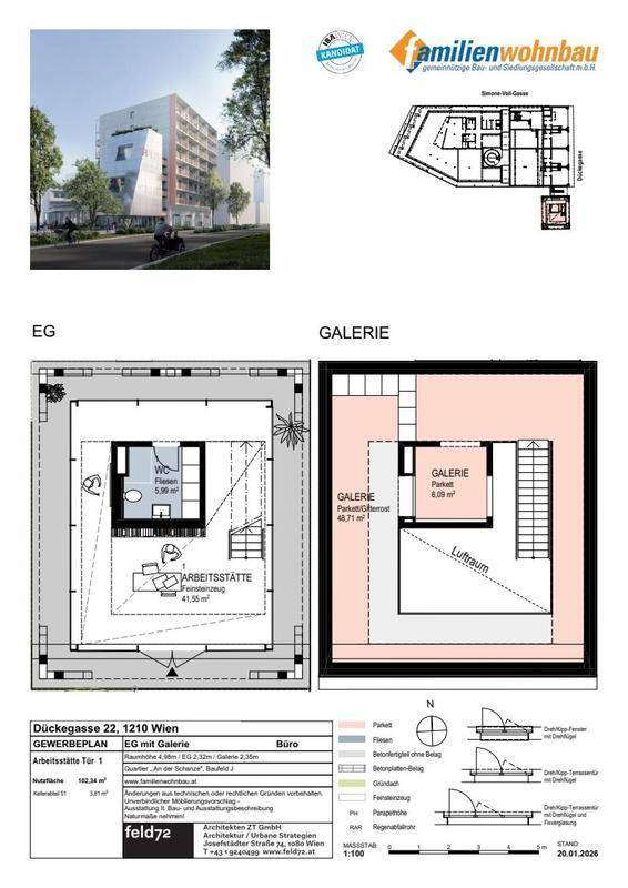 Detaillierte Grundrisse einer modernen Gewerbeeinheit mit Galerie und Außenansicht des Neubaus.