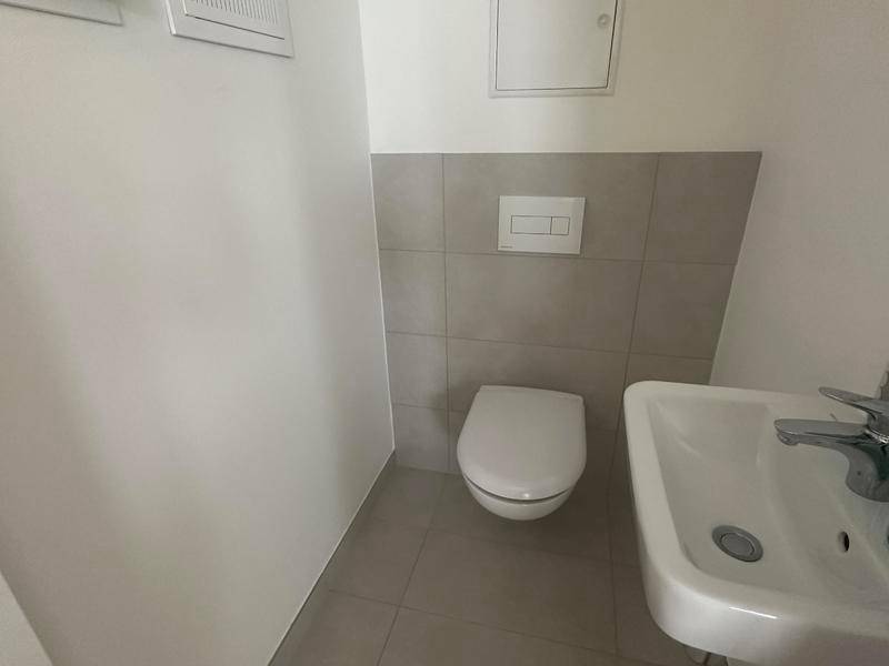 Kleines Gäste-WC mit Wand-WC, Waschtisch und modernen Fliesen.
