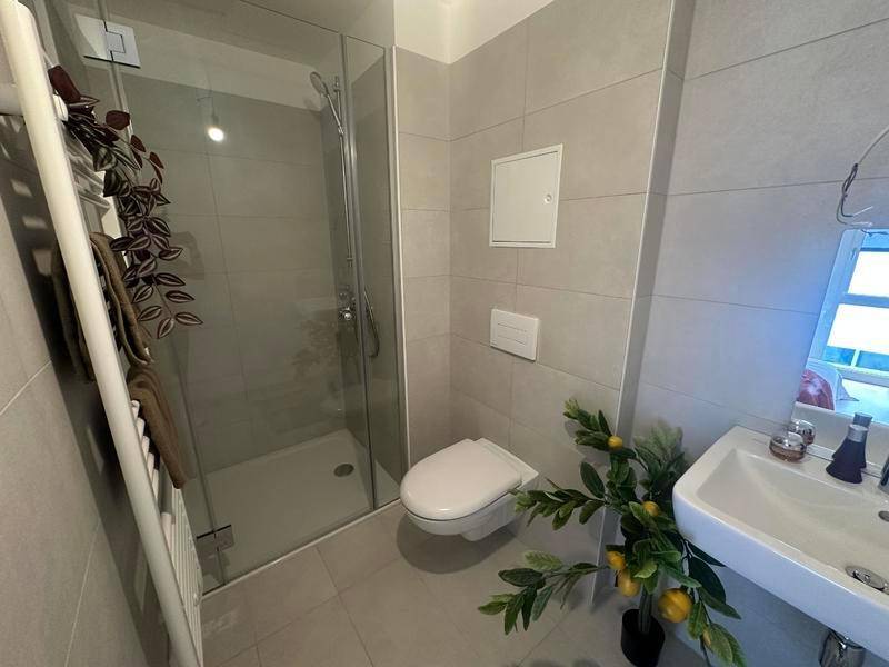 Modernes Badezimmer mit begehbarer Dusche, Wand-WC und beheiztem Handtuchhalter.