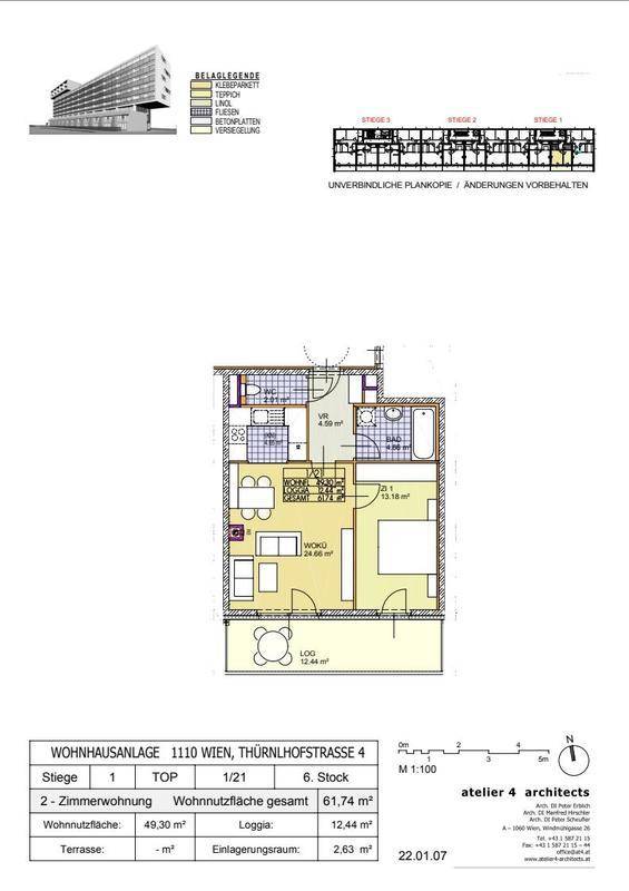 Grundriss einer 2-Zimmer-Wohnung mit offenem Wohn-Essbereich, separatem WC und Loggia.