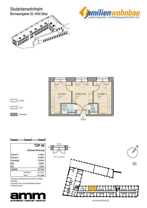 Detaillierter Grundriss einer 2-Zimmer-Wohnung mit Bad und WC, inklusive Flächenangaben.