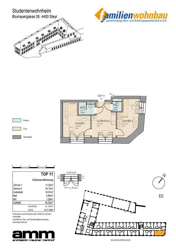 Detaillierter Grundriss einer 2-Zimmer-Wohnung mit Bad und separatem WC.