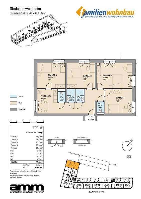 Detaillierter Grundriss eines Studentenwohnheims mit vier Zimmern und Gemeinschaftsbereichen.