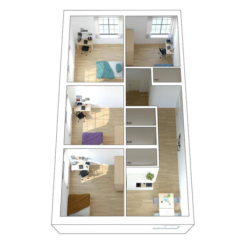 3D-Grundriss einer Wohneinheit mit mehreren Zimmern, Bädern und offenem Küchenbereich.