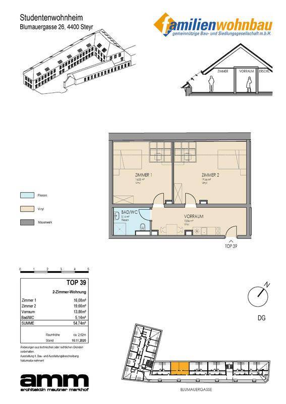 Grundriss einer Studentenwohnung mit zwei Zimmern, Bad und Vorraum, inklusive Gebäudeskizzen.