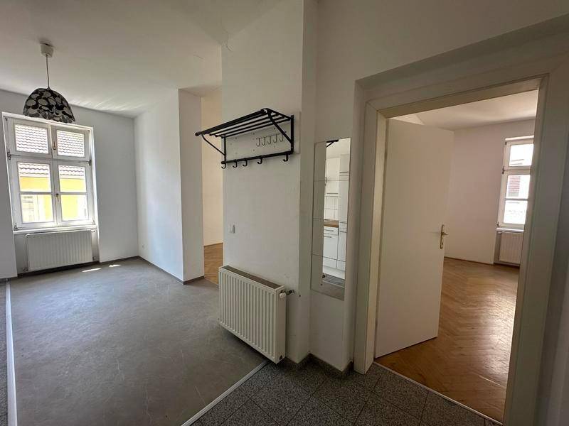Eingangsbereich mit Garderobe und Spiegel, der zu einem weiteren Raum führt.
