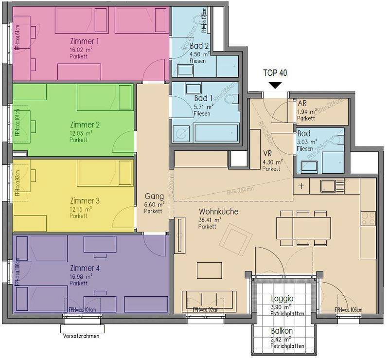 Detaillierter Grundriss der Wohnung TOP 40 mit vier Zimmern, Wohnküche und Loggia.