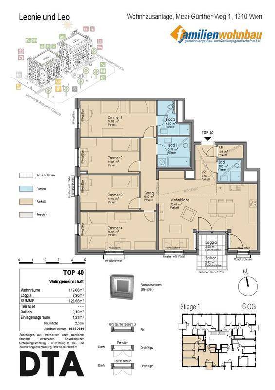 Übersichtlicher Grundriss der Wohnanlage mit Details zur Wohnung TOP 40 und Legende.