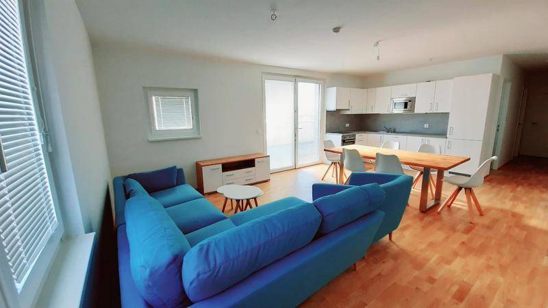 Geräumiger Wohn-Essbereich mit blauer Couch, Holzboden und offener Küche.