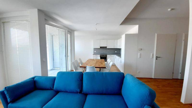 Geräumiger Wohnbereich mit blauer Couch, Esstisch und offener Küche im Hintergrund.