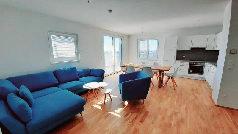Heller Wohn-Essbereich mit blauer Couch, Esstisch und integrierter Küche.