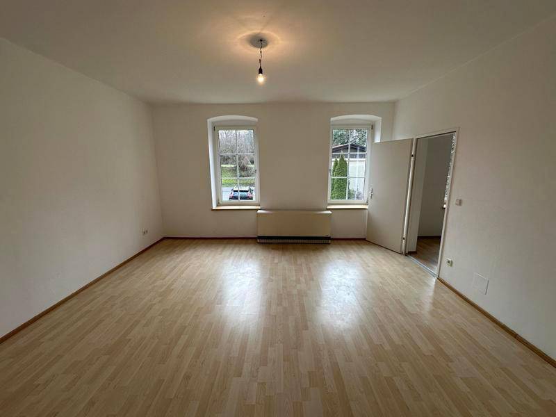 Geräumiger Wohnbereich mit hellem Laminatboden und Blick ins Grüne durch zwei Fenster.