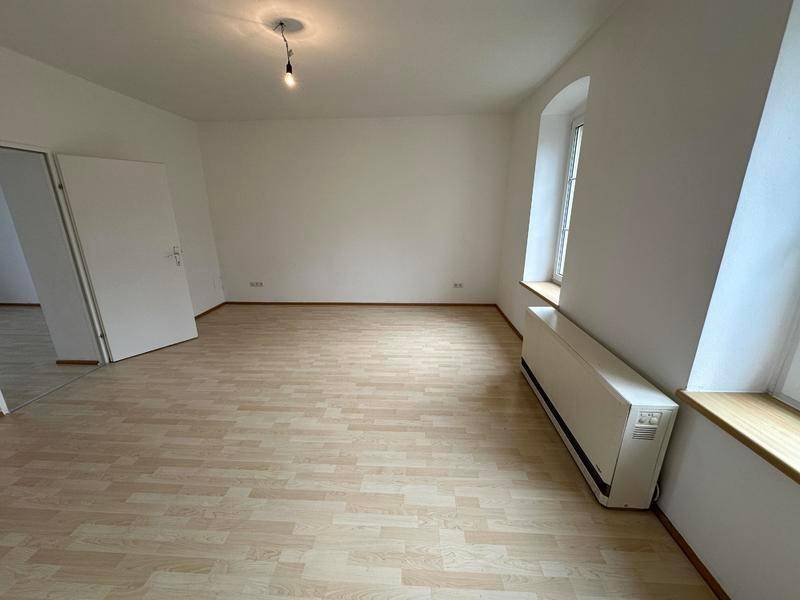 Heller Wohnraum mit Laminatboden und großen Fenstern, die viel Tageslicht hereinlassen.